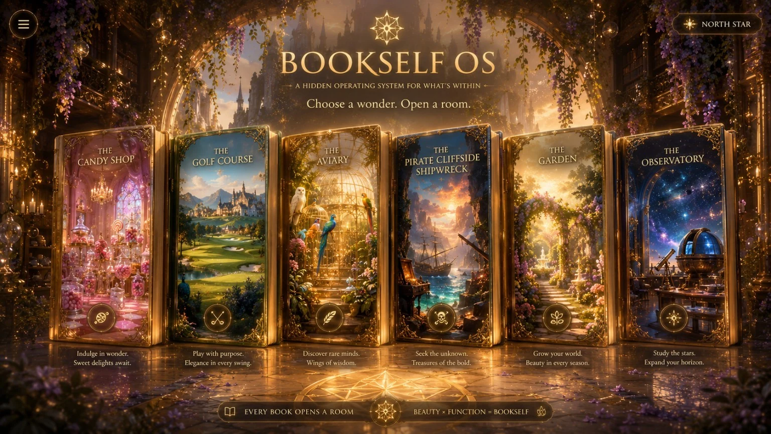Bookself OS library doors and room selection interface