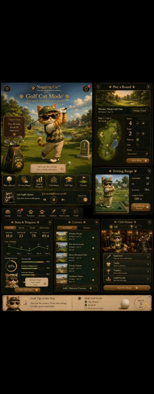 Nagging Cat Golf Cat Mode screenshot showing a golf-themed companion mode, stats, and course screens