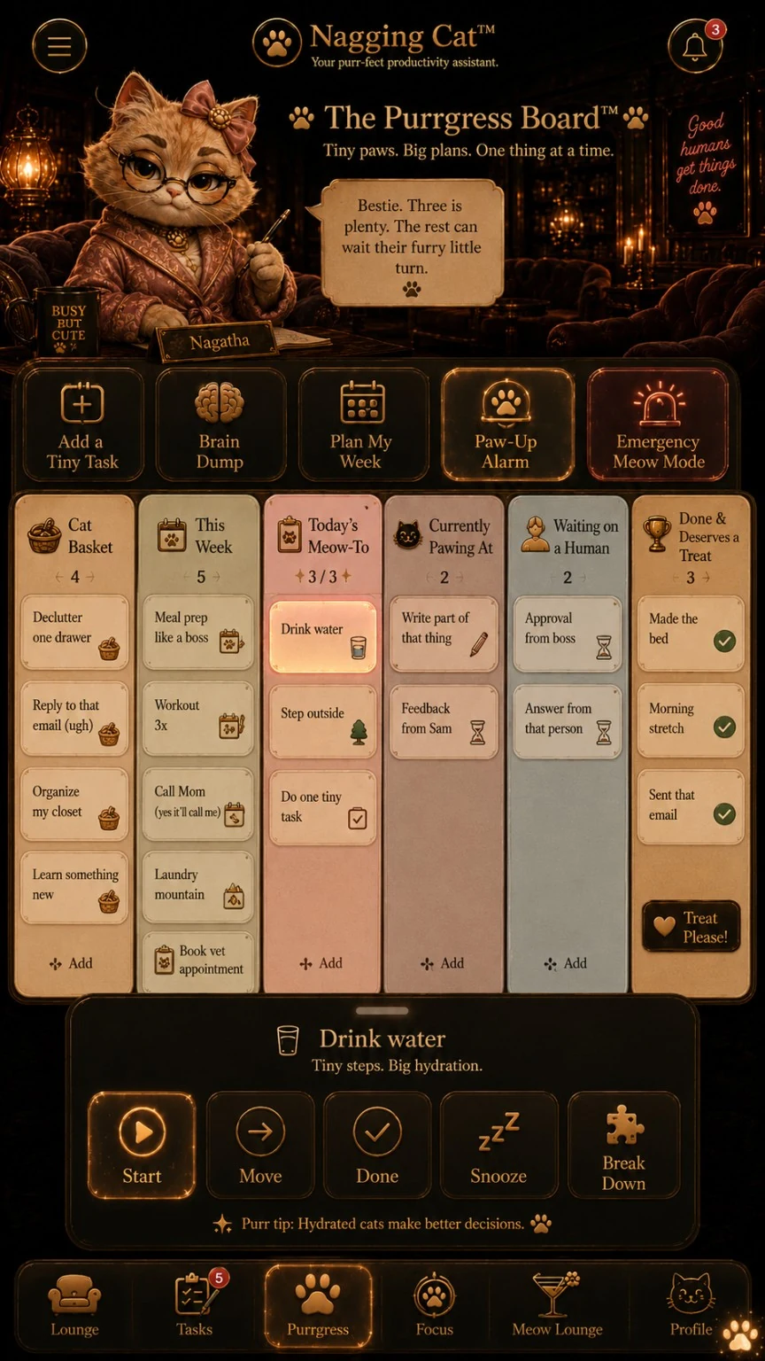 Nagging Cat Scrum and Kanban app interface